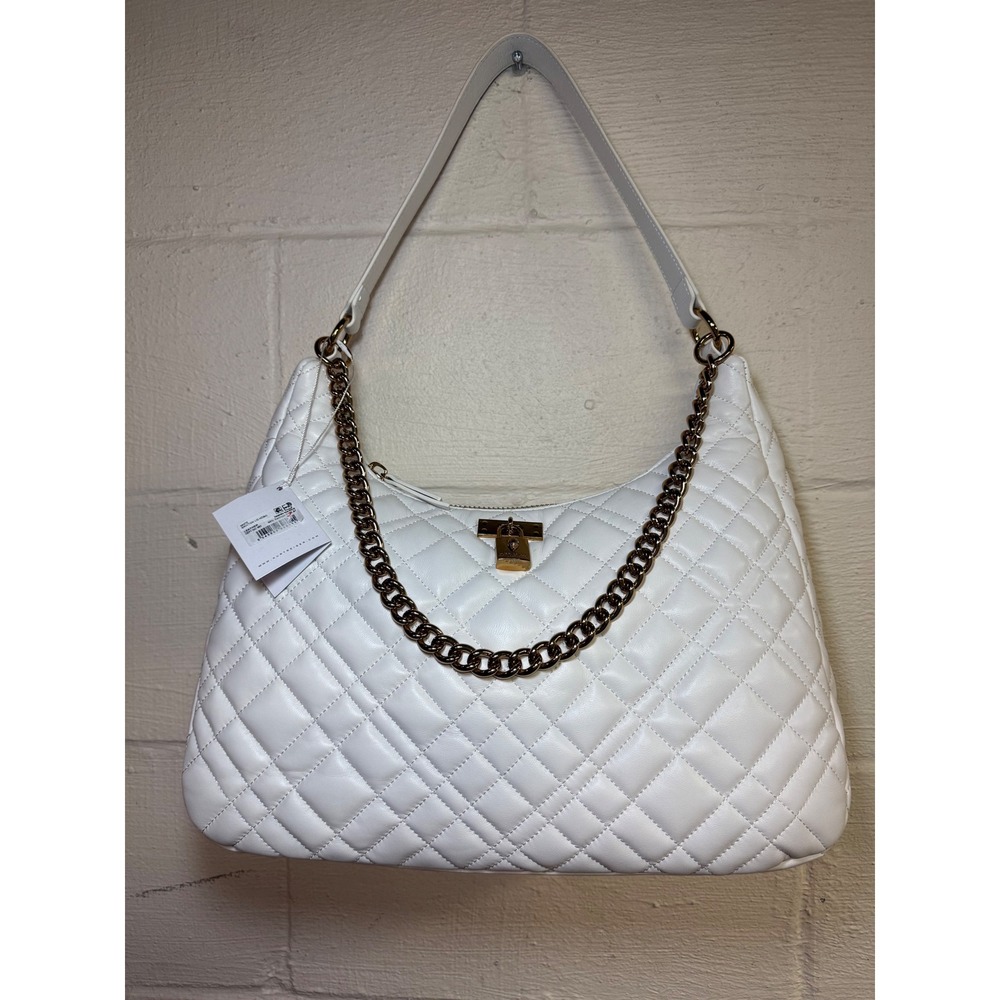 Kurt Geiger London Kensington Quilted White Leather Hobo Bag Gold Chain Padlock